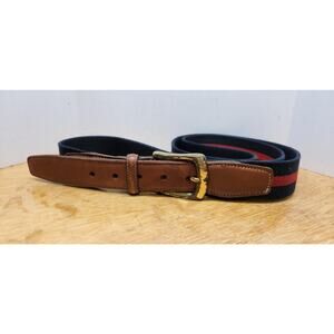 Torino Mens Brown Leather Black/Red Stripe Canvas Belt Gold Brass Buckle Size 50